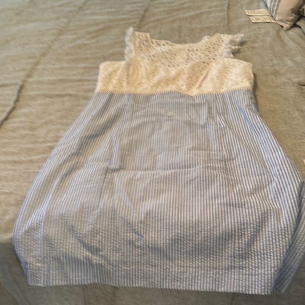 Blue and White Striped Dress with Lace Top